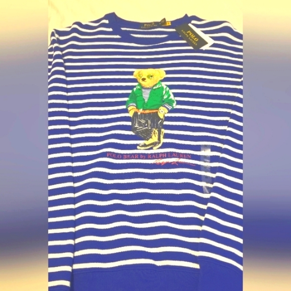 Men's Polo Bear Striped Fleece Sweatshirt "NEW" W/Tags